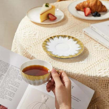 CHANJOON 6 Teacups Tea Tray Spoon Set, 6oz with Galvanized Gold Rim and Gift Box, Ceramic White English Coffee Teacup (gold, medium) - color: Gold, size: medium