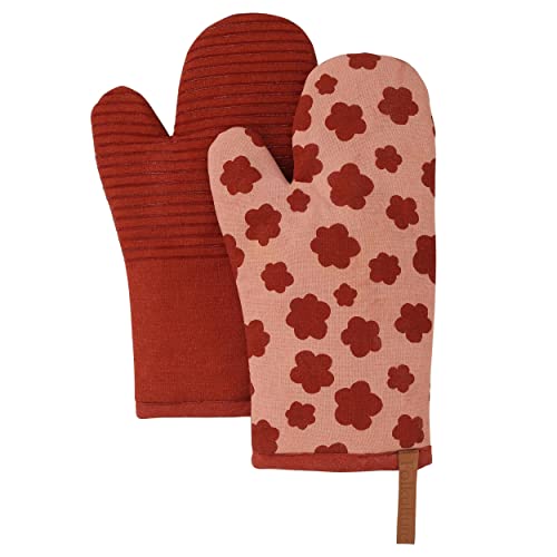 Folkulture Oven Gloves, Oven Mitts with Hanging Loop - Set of 2 (12"x5.5") | Cute, 100% Cotton, Silicone, Heat Resistant, Autumn Brown, Cooking Gifts for Women, BBQ, Baking, Fall Kitchen Décor - color: Valentine