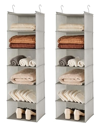 MAX Houser 6 Tier Shelf Hanging Closet Organizer, Closet Hanging Shelf with 2 Sturdy Hooks for Storage,2 Pack, Foldable (Light Grey) | Dorm Room Essentials with 2 sturdy hooks, foldable lightweight fabric closet storage, space-saving design for Bedroom -