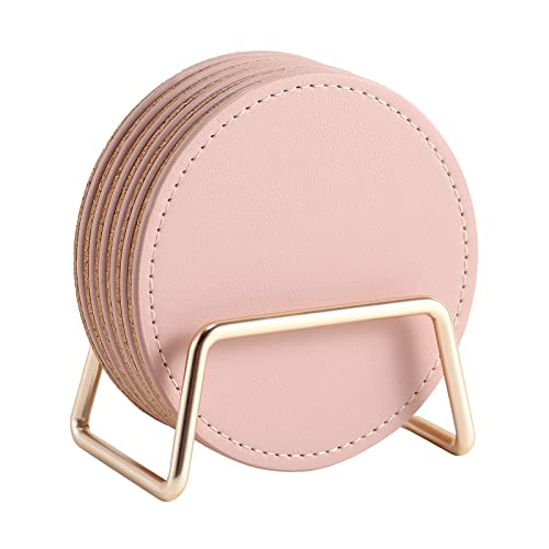CASEGRACE Drink Coasters with Metal Holder Stand Set of 6, PU Leather Absorbent Coasters with Cork Base Table Coaster Set Decorative Coffee Cup Coasters Housewarming Gift for Home Decor - color: Pink