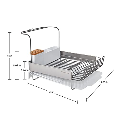 KitchenAid Full Size Compact to Full Capactiy Expandable Rust Resistant Dish Rack, with Self Draining Angled Drainboard and Removable Flatware Caddy, 24-Inch, White - color: White, size: Expandable