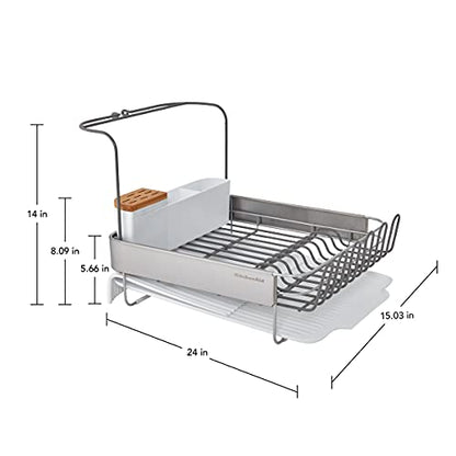 KitchenAid Full Size Compact to Full Capactiy Expandable Rust Resistant Dish Rack, with Self Draining Angled Drainboard and Removable Flatware Caddy, 24-Inch, White - color: White, size: Expandable