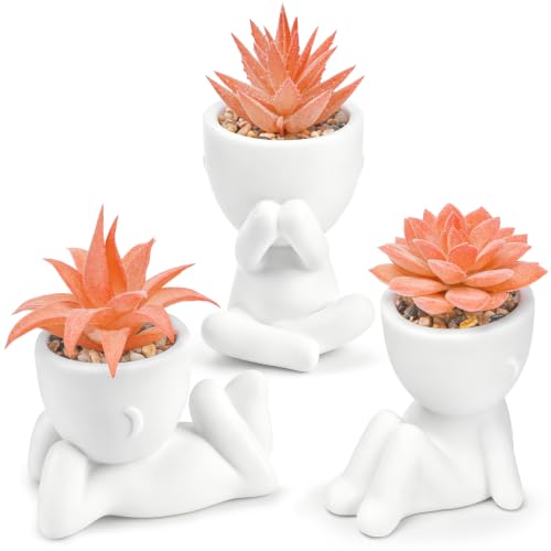 Der Rose 3 Pack Fall Fake Succulents Plants Autumn Room Decor for Bathroom | Orange human-shaped pots, fall faux succulents, playful art look, bathroom bedroom office desk fall decor - color: Orange