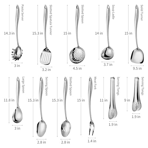 304 Stainlss Steel Kitchen Utensils Set, 11 Pcs Long Metal Cooking Utensil Gadgets Tools Set with Spatula, Spoon, Ladle, Skimmer, Turner, Pasta Server, Tongs(Mirror Polished, Dishwasher Safe) - size: 11Pcs-Silver