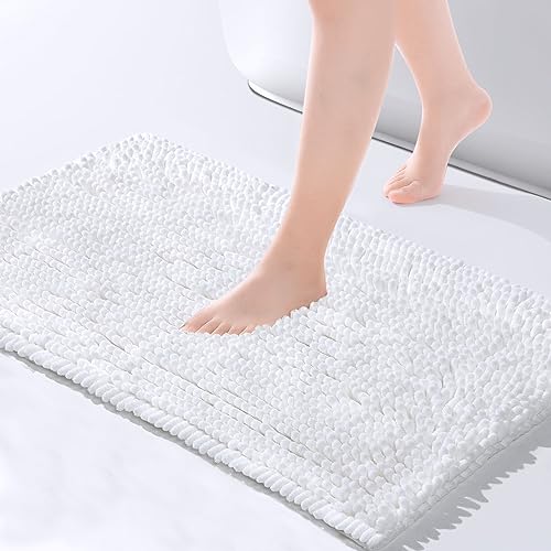 FRESHMINT Chenille Bathroom Rugs Mat 24"x17", Non-Slip Bath Mat for Bathroom Floor, Washable Soft Thick Water Absorbent Microfiber Shower Mat, White - color: White, size: 1'5" x 2' (Rectangular)