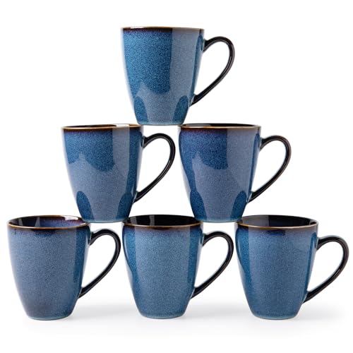 MONITO 17 OZ Coffee Mugs Set of 6, Large Ceramic Blue Coffee Mugs Set with handle for Tea/Latte/Milk/Cocoa, Funny Tea Cups for Office and Home, Engagement Gifts. (Starry Blue) | Mugs with Gold Rim for Latte,Tea&Cocoa,Dishwasher&Microwave Safe,Reactive Gla