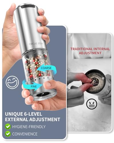 CIRCLE JOY Electric Pepper Grinder Stainless Steel Rechargeable Pepper Mill with External Adjustable Coarseness, 95ml Container and White LED Light, Silver - color: Rechargeable
