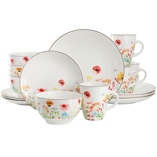 Elama Wildflower Meadow 16 Piece Porcelain Dinnerwar/Tableware Set, Service for 4 (Wildflower Meadow) - color: Wildflower, size: 16