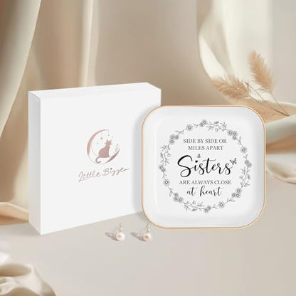 Gifts for Friends Going Away Friendship Ceramic Ring Dish (Sister) | Best Friend Birthday Gifts for Women – Side By Side Or Miles Apart, Sisters Are Always Close At Heart，Sister Gift - color: White-sister