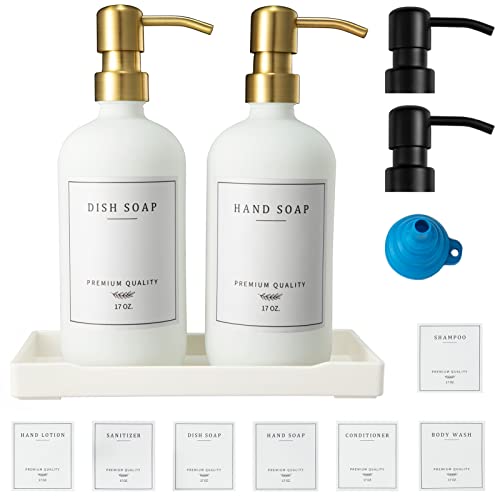 Glass Soap Dispenser for Kitchen, Farmhouse Kitchen Dish Soap Dispenser&Hand Soap Dispenser Set, Rustproof Pump Soap Lotion Dispenser Bathroom with Tray, Waterproof Label for Decor(White - color: White Bottle + Gold Pump + Black Pump