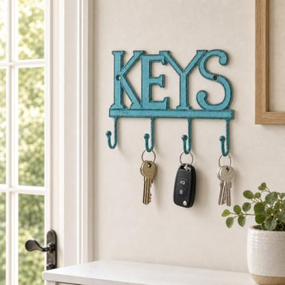 Comfify Rustic Blue Cast Iron Key Holder for Wall – Keys Sign with 4 Hooks | Rustic blue antique finish; mounting hardware included; entryway, hallway or door; 6"H x 8"L; holds 8 keychains - color: Rustic Blue