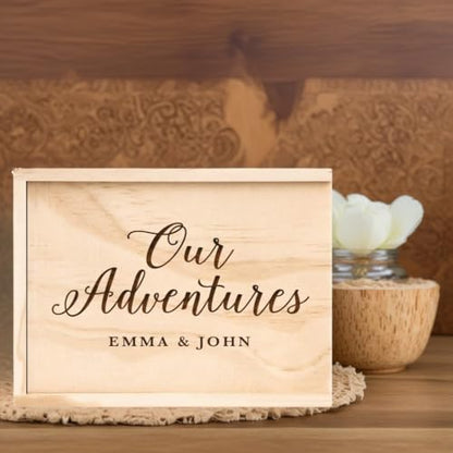 Koyal Wholesale Custom Engraved Cursive Our Adventures Wedding Keepsake Box, 4 x 6 -inch, Custom Names, Natural Wood Keepsake Box with Lid, Gift for Him & Her Photo Album Memory Gift Box - color: Cursive Our Adventures