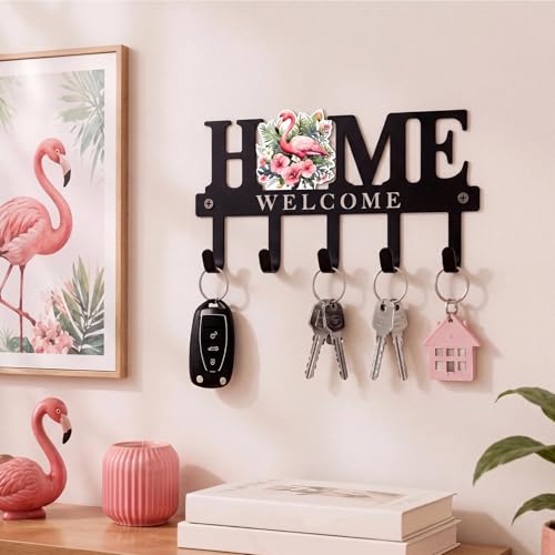 Key Holder Wall Mount Pink Flamingo Metal Key Hooks Organizer with 5 Hooks Rustic Farmhouse Welcome Home Wall Hook Tropical Boho Decor for Entryway Bathroom Living Room 9.8 Inch - style: Pink Flamingo