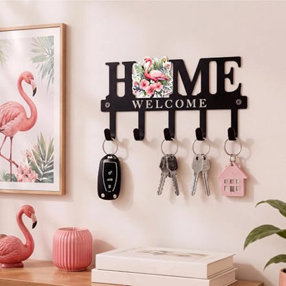 Key Holder Wall Mount Pink Flamingo Metal Key Hooks Organizer with 5 Hooks Rustic Farmhouse Welcome Home Wall Hook Tropical Boho Decor for Entryway Bathroom Living Room 9.8 Inch - style: Pink Flamingo