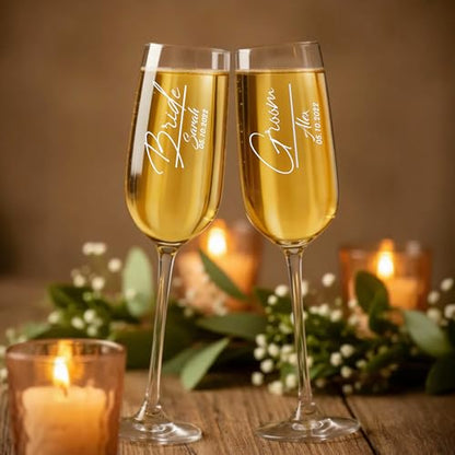 Personalized Champagne Flutes – Vertical Name Engraved Wedding Glasses, Custom Champagne Flute for Bride and Groom, Modern Wedding Toast Glasses - (Champagne Flutes-D2) - color: Champagne Flutes-D2