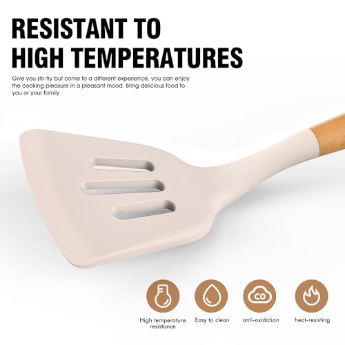 Silicone Cooking Utensils Set - AVGPD Silicone Kitchen Utensils for Cooking Wooden Handles, 446°F Heat Resistant Kitchen Utensil Spatula Sets w Holder, Gadgets for Non-Stick Cookware BPA FREE (Khaki) - color: Khaki