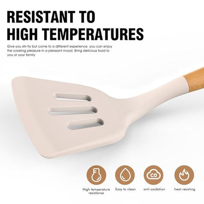 Silicone Cooking Utensils Set - AVGPD Silicone Kitchen Utensils for Cooking Wooden Handles, 446°F Heat Resistant Kitchen Utensil Spatula Sets w Holder, Gadgets for Non-Stick Cookware BPA FREE (Khaki) - color: Khaki