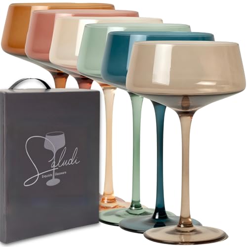 Saludi Colored Coupe Glasses, 10oz (Set of 6) Stemmed Multi-Color Glass - Great for All Cocktail Types and Occasions - Luxury, Durable, Hand-Blown