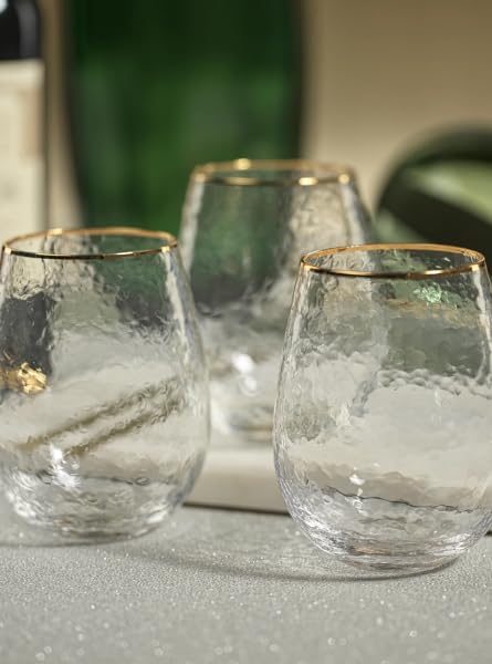 Set of 4 Hammered Stemless Glasses with Gold Rim 2.75 x 4.75 Inch, Elegant Textured Drinkware for Wine, Cocktails, or Everyday Use