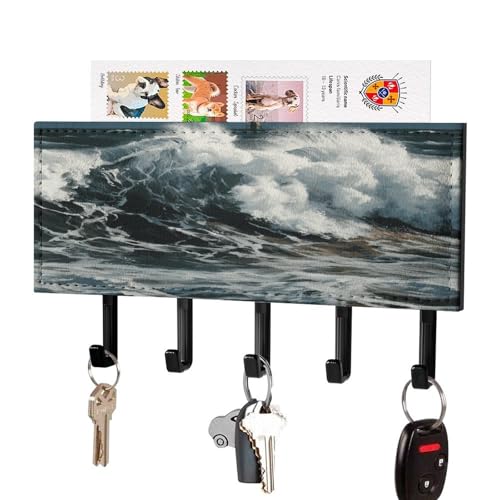 The Sea Waves Key Hook,Key Holder for Wall,Mail Organizer with Hooks for Entryway,Adhesive Keys Rack with Tray for Front Door Kitchen Garage - color: black-style