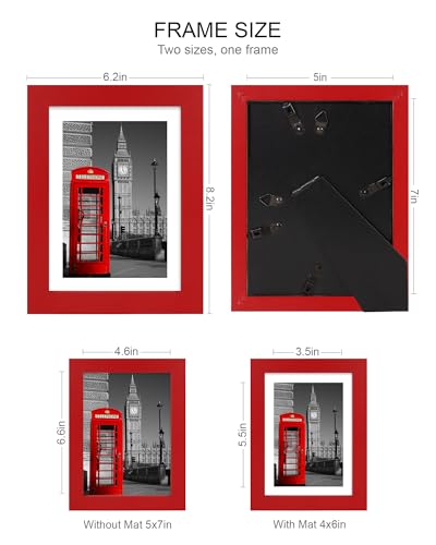 Hongkee 5x7 Picture Frame (4 Pack, Red) Made of Real Glass and Wooden Frame - Display Pictures 4x6 with Mat or 5x7 Without Mat, 5 by 7 Photo Frames TableTop Display and Wall Mounting - color: Red, size: 5x7 in