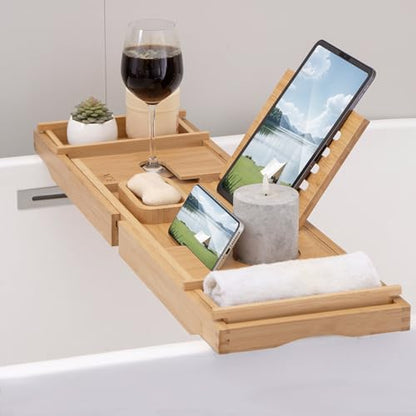 Bamboo Bathtub Caddy Tray with Book Stand & Soap Holder, Natural | Expandable to 41 Inches & Anti-Slip Pads for Luxury Bath Spa - color: Natural