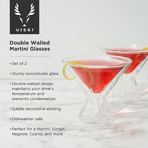 Viski Double Walled Cocktail Glasses - Insulated Martini Glasses with Cut Crystal Design - Dishwasher Safe Borosilicate Glass 8.5oz Set of 2 - style: Double-Walled Martini Glasses