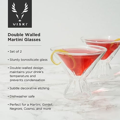 Viski Double Walled Cocktail Glasses - Insulated Martini Glasses with Cut Crystal Design - Dishwasher Safe Borosilicate Glass 8.5oz Set of 2 - style: Double-Walled Martini Glasses