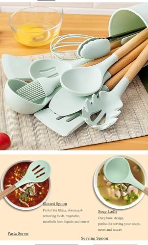 11 Piece Silicone Kitchen Utensil Set with Holder Heat Resistant Non Stick Cooking Tools with Wooden Handles Spatula Spoon Pasta Server Tongs Whisk Brush Black (Mint Green) - color: Mint Green