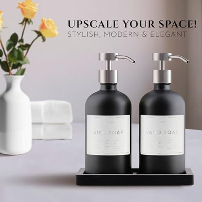 Glass Soap Dispenser Set of 2 (Black) with Silicone Tray | Hand and Dish Soap Dispenser for Kitchen and Bathroom | 16.8 Oz Glass Bottles with Stainless Steel Pump & 15 Waterproof Labels (Black/Silver) - color: Black/Silver