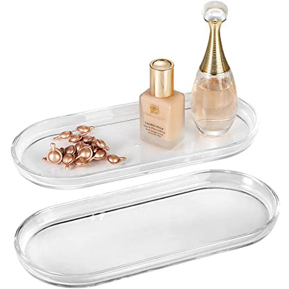SheeChung Acrylic Vanity Tray, 2 Pack, Clear, 9.65 in x 4.5 in x 0.79 in, Catchall Tray, Countertop Sink Tray Dispenser, Sturdy Holder for Cabinet, Shelf, Cupboard, or Closet Organization | 9.65" x 4.5", Perfume Jewelry Candle Dispenser Catchall Tray, Stu