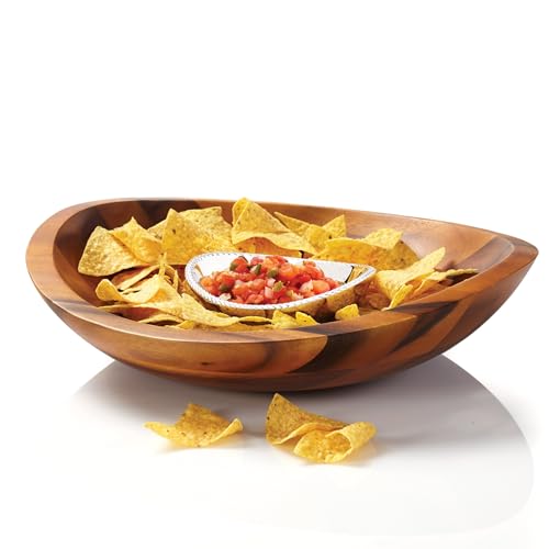 nambe Braid Chip and Dip Serving Bowl | Made of Acacia Wood | Inner Bowl Made of Metal Alloy | Chill or Heat to Serve Dip | Measures 16-Inches | Designed by Sean O’Hara