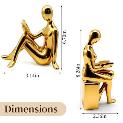 Decorative Bookends Set, Ceramic Book Ends for Shelves, Home Office Aesthetic Book Stopper, Reading Book Holder Statues for Bookshelf Bedroom Living Room Decor (Gold)