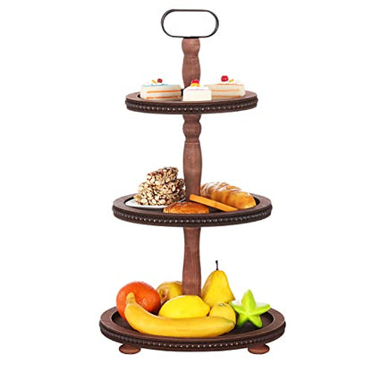 Urban Deco Wooden Tiered Tray 3-Tier Decorative Tray Stand Farmhouse Serving Tray, Round Wooden Cupcake Display Stand with Metal Handle, Brown Tiered Fruits Tray for Home Party Decorations - style: 3 tier-brown