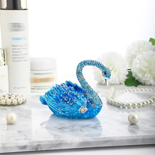 YU FENG 3.5 Inch Blue Swan Trinket Box, Hinged Jewelry Box Figurine Decor | Elegant Swan Design, Enamel Finish With Crystal Accents, Jewelry Storage Organizer, Decorative Collectible, Gift For Women