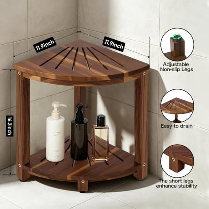 Corner Shelves Shower Caddy Stand, Shower Stool with Storage Shelf, Shower Foot Rest for Shaving Legs,Sturdy Bathroom Organizer for Kitchen, Living Room–Acacia Wood