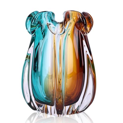 Hand Blown Glass vase, Gradient Blue and Amber Thick-Walled Decorative vase, Glass Art Wide-Mouth vase, Suitable for Living Room Coffee Tables, entryway Decor, Offices, and TV Cabinet Accents. (S) - color: S