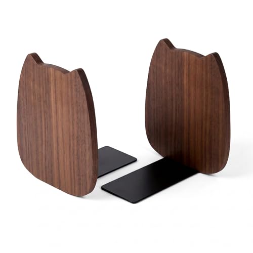 2-Pack Kitten Walnut Bookends, 5.5x4.7in | Solid Wood, Natural Grain, Non-Slip Base, Detachable, for Shelves/Desk/Kids Room - color: Black Walnut Wood Kitten