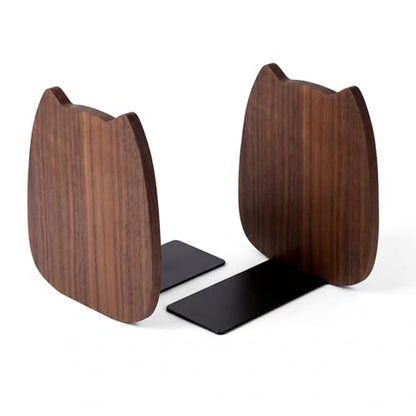 2-Pack Kitten Walnut Bookends, 5.5x4.7in | Solid Wood, Natural Grain, Non-Slip Base, Detachable, for Shelves/Desk/Kids Room - color: Black Walnut Wood Kitten