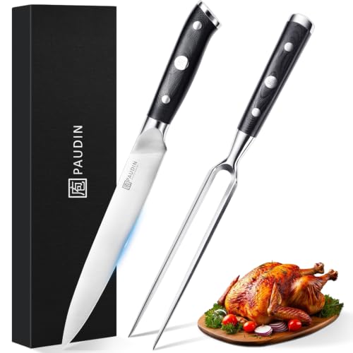 PAUDIN Carving Knife Set, 8 inch German High Carbon Stainless Steel Meat Slicing Knife with 7 inch Turkey Fork, Ergonomic Full Tang G10 Handle, Dishwasher Safe,BBQ Brisket Slicer,Cooking Gifts for Men - color: Carving Knife and Fork Set - 8 inch