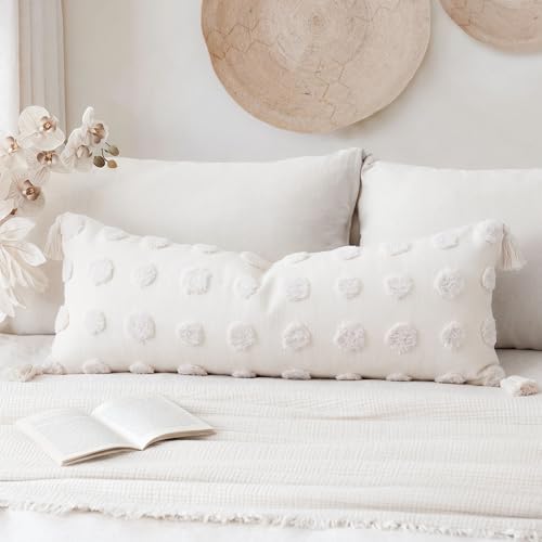 PANOD Decorative Long Lumbar Pillow Cover 14x36 Boho,Super Soft Chenille Extra Long Lumbar Pillow Case Cover with Tassel for Bed Sofa Couch Farmhouse Livingroom,White,Modern Skinny - color: 1-white, size: 36" x 14" (Pack of 1)