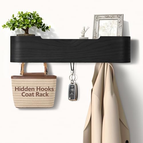 Coat Rack Wall Mount with Shelf 4 Hidden Hooks Modern Wooden Key Holder Entryway Organizer for Hallway Bedroom Bathroom Home Decor Storage for Hanging Coats Hats Bags Towels, Black - color: Black, size: 4 Hooks