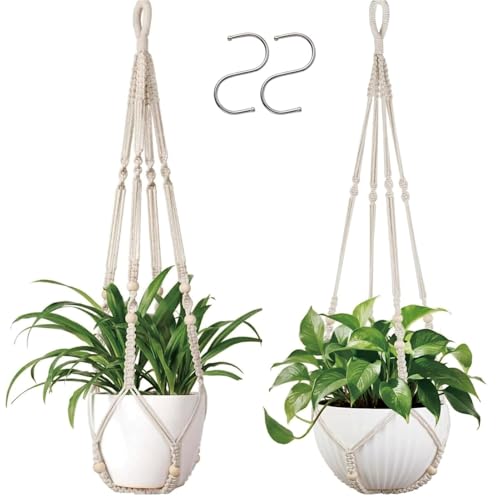 2 Pack Macrame Plant Hanger, 36 in Ivory Hanging Planter Holder | Larg Hanging Baskets with Wood Beads & No Tassels,Indoor Outdoor Boho Home Decor for Flower Pots (2 Hooks Included)