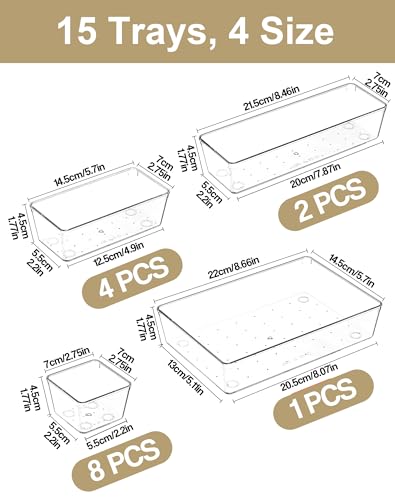 15Pcs Clear Plastic Drawer Organizers Set, 4size makeup drawer organizer trays for vanity/desk/bathroom/office/nightstand/gadgets for kitchen/desk drawer, Versatile drawer divider storage bins - size: 15 Pcs