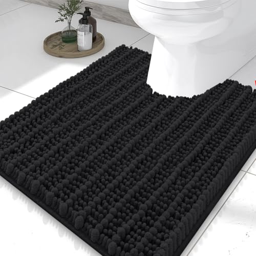 Smiry Bathroom Toilet Rugs U Shaped 24X20, Chenille Bath mats for Toilet | Black Extra Soft Absorbent Non Slip Rubber Backing Contour Bath Rugs for Toilet, Machine Washable Contoured Bath Mats - color: Black, size: 24'' X 20''