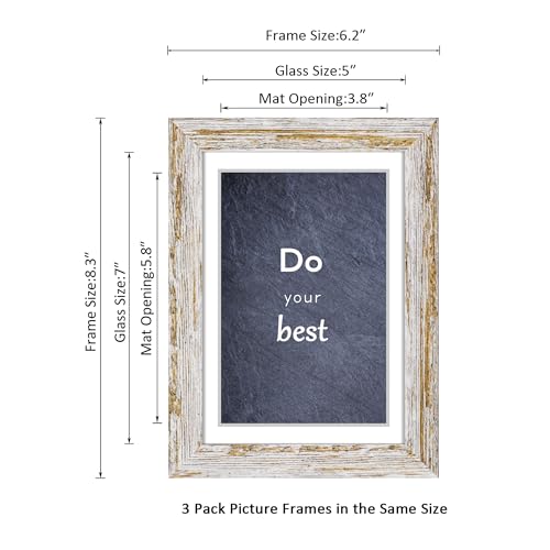 Rustic Distressed Retro Style White Photo Frame 5x7 Picture Frame Set of 3 with Real Glass for Pictures 4x6 with Mat or 5x7 Without Mat, Wall Gallery or Tabletop display - size: 5x7(set of 3)