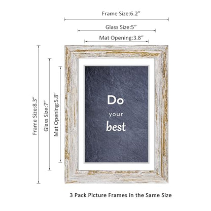 Rustic Distressed Retro Style White Photo Frame 5x7 Picture Frame Set of 3 with Real Glass for Pictures 4x6 with Mat or 5x7 Without Mat, Wall Gallery or Tabletop display - size: 5x7(set of 3)