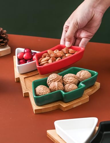 Colorful Christmas Tree Plate Chip & Dip Set, 12'' Ceramic Snack Plate with Bamboo Tray, Removable Porcelain Christmas Tree Appetizer Dessert Fruit Salad Saucers Bowl Cutlery Platter Serving Dish