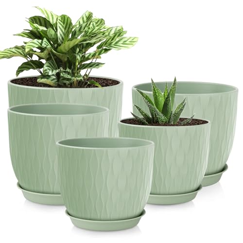 Plastic Plant Pots 10/9/8/7.5/7 inch Set of 5, Flower Planters with Drainage Holes and Saucers, Plastic Pots for Indoor Outdoor Plants, Livingroom Garden Decor (Green) - color: Green