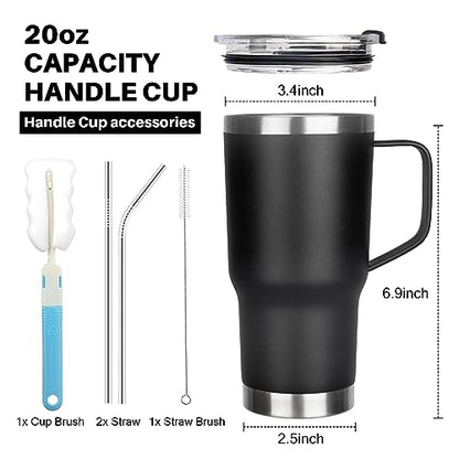 20 oz Tumbler with Handle, Stainless Steel Insulated Tumbler with Lid and Straw, Double Wall Vacuum Coffee Mug Tumbler, Insulated Coffee Thermal Cup for Cold and Hot (Black) - color: Black, size: 20 Ounces